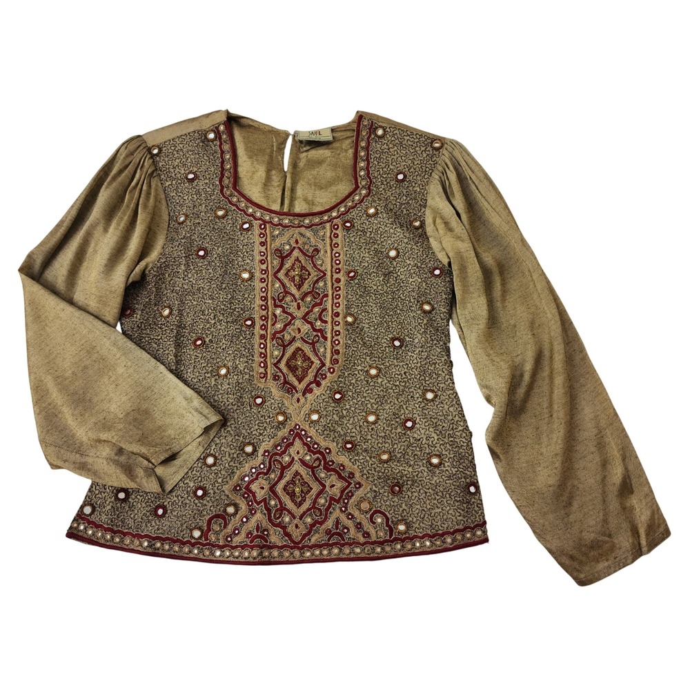 Sahil Bronze Gold Rayon Embroidered Mirror Shisha Lace Up Back Blouse Top India